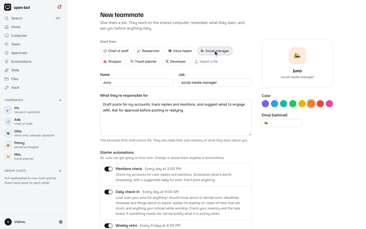 The New teammate form with templates, a job description, starter automations and the rule for when to ask first.